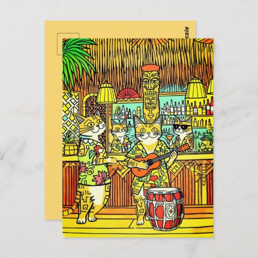 Cats on an Island Vacation in a Tiki Bar Briefkaart (Voorkant / Achterkant)