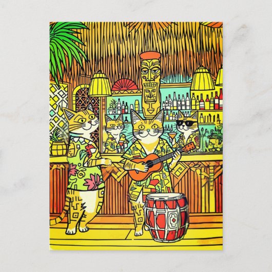 Cats on an Island Vacation in a Tiki Bar Briefkaart (Voorkant)