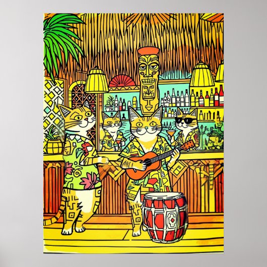 Cats on an Island Vacation in a Tiki Bar Poster (Voorkant)