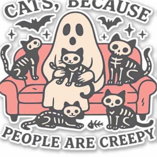 Cats People zijn griezelig skelet Halloween T-shir Sticker (Voorkant)