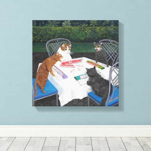 Cats Plays Mahjong Canvas Afdruk (Insitu (Houten vloer))