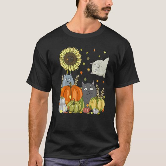 Cats & Pumpkin Sunflower Fall Cat  Thanksgiving T-shirt (Voorkant)