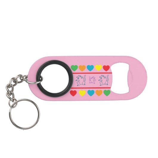 Cats & Rainbow Hearts Pink Bottle Opener Keychain Mini Flessenopener (Achterkant Horizontaal)