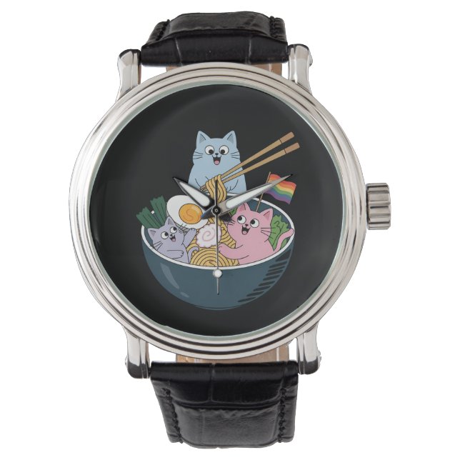 Cats Ramen Rainbow LGBTQ Gay Lesbian Pride Ally Horloge (Voorkant)