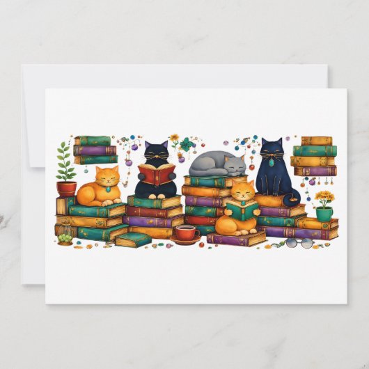 Cats Reading Books Cozy Library Scene Kaart (Voorkant)