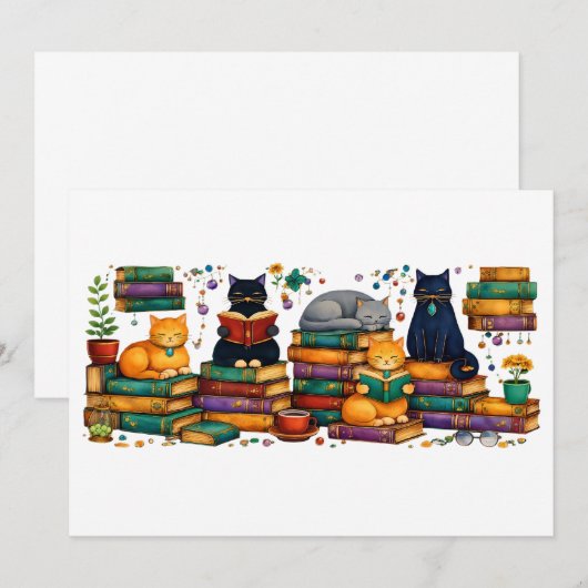 Cats Reading Books Cozy Library Scene Kaart (Voorkant / Achterkant)