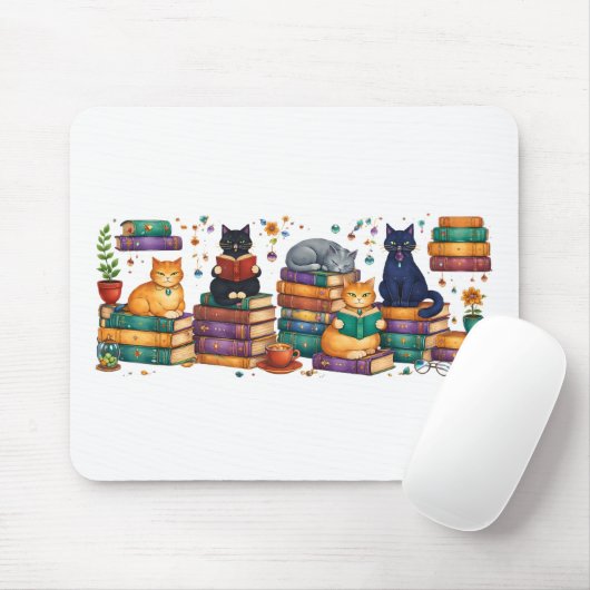 Cats Reading Books Cozy Library Scene Muismat (Met muis)