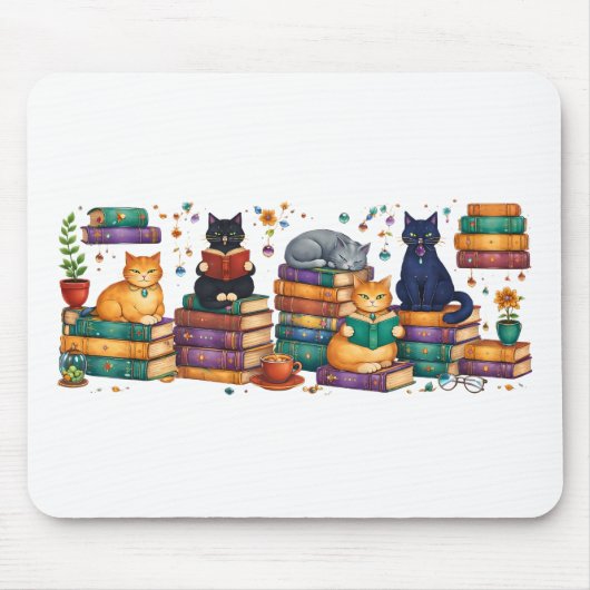 Cats Reading Books Cozy Library Scene Muismat (Voorkant)