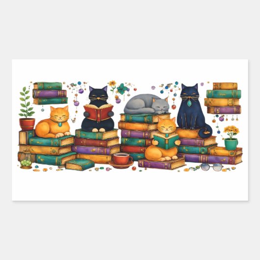 Cats Reading Books Cozy Library Scene Rechthoekige Sticker (Voorkant)