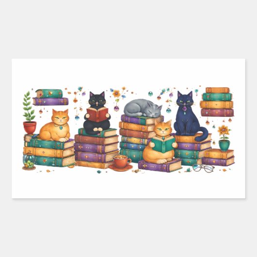Cats Reading Books Cozy Library Scene Rechthoekige Sticker (Voorkant)