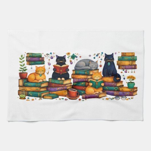 Cats Reading Books Cozy Library Scene Theedoek (Horizontaal)