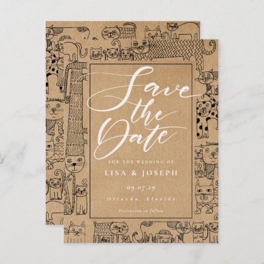 Cats Rustic Kraft Script Bewaar de datum Aankondigingskaart (Voorkant / Achterkant)