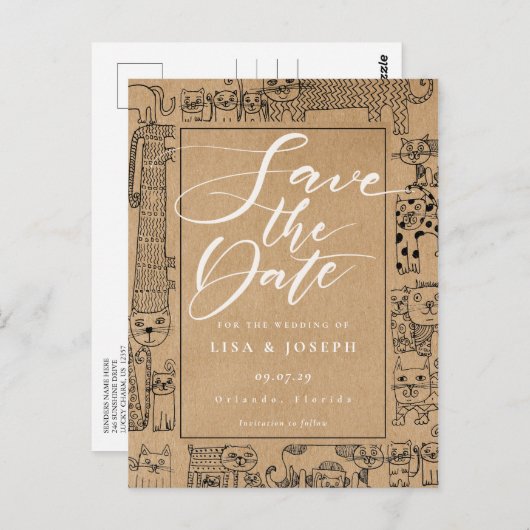 Cats Rustic Kraft Script Bewaar de datum Briefkaart (Voorkant / Achterkant)