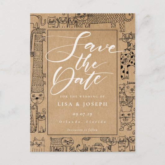 Cats Rustic Kraft Script Bewaar de datum Briefkaart (Voorkant)