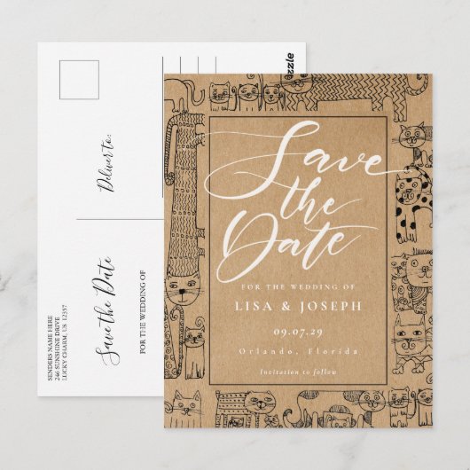 Cats Rustic Kraft Script Save the Date Briefkaart (Voorkant / Achterkant)