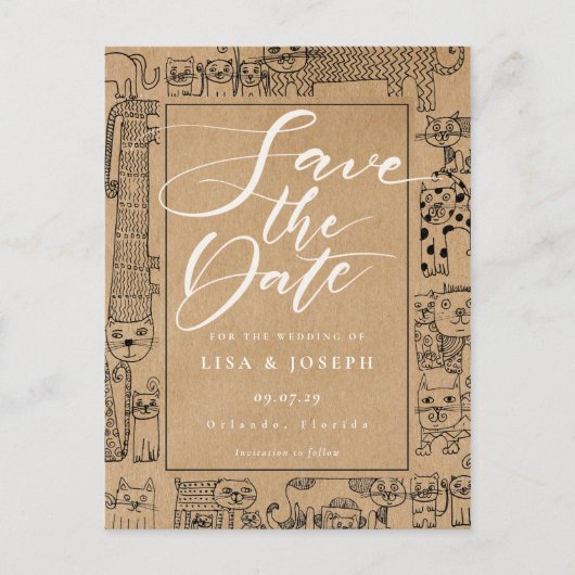 Cats Rustic Kraft Script Save the Date Briefkaart (Voorkant)