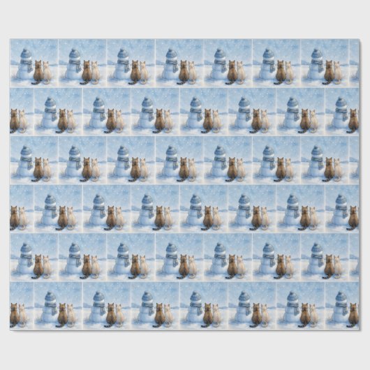 Cats Sitting With a Snowman In a Field Cadeaupapier (Vlak)