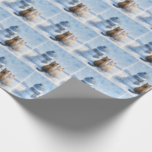 Cats Sitting With a Snowman In a Field Cadeaupapier (Hoek)