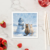 Cats Sitting With a Snowman In a Field Servet (Insitu)