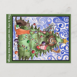 Cats & their human & a Christmas tree Feestdagenkaart