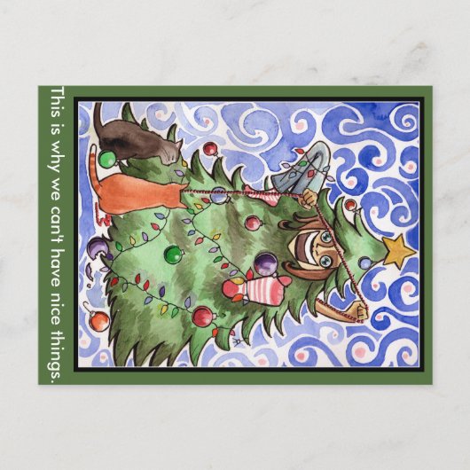 Cats & their human & a Christmas tree Feestdagenkaart (Voorkant)