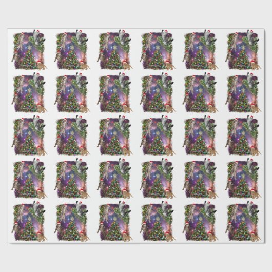 cats wearing Santa hats, with Christmas trees  Cadeaupapier (Vlak)