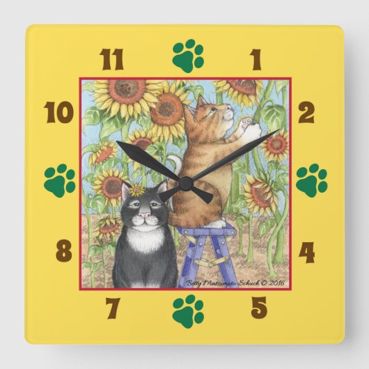 Cats With Sunflowers Square Wall Clock Vierkante Klok (Voorkant)
