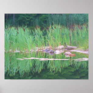 Cattails Pond Reflections Photo Painting Poster