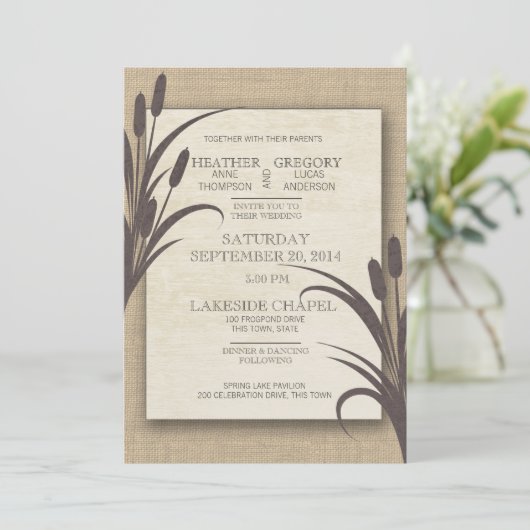 Cattails Rustic Lake Wedding Kaart (Staand voorkant)