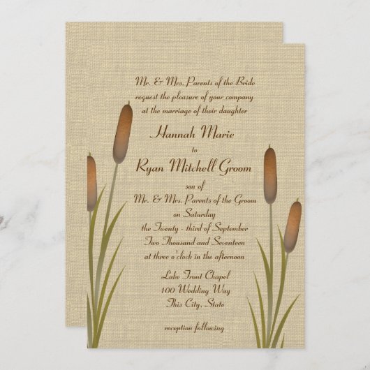 Cattails Rustic Lake Wedding Kaart (Voorkant / Achterkant)