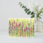 Cattails Wildflowers Meadow Waterverf Tekening Briefkaart (Staand voorkant)