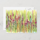 Cattails Wildflowers Meadow Waterverf Tekening Briefkaart (Voorkant / Achterkant)