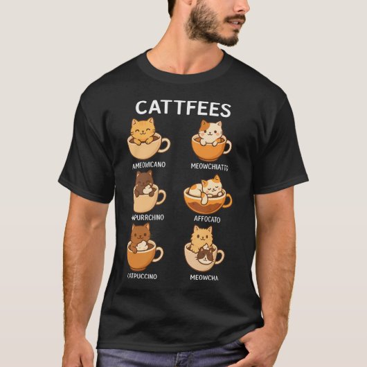 Cattfees Schattige Katten Koffie T-shirt (Voorkant)
