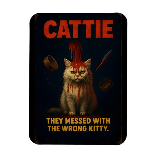 CATTIE – Funny Horror Cat Parody Magneet (Verticaal)