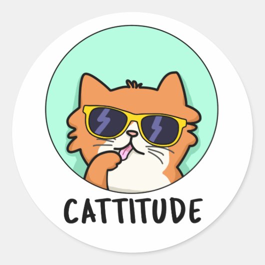 Cattitude Funny Cat Pun Ronde Sticker (Voorkant)
