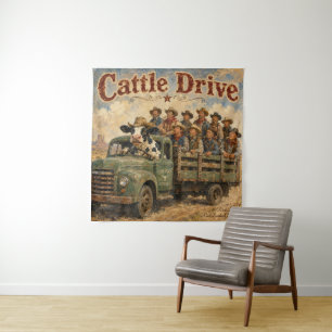 Cattle Drive Cartoon – Koe die Cowboys bestuurt Wandkleed