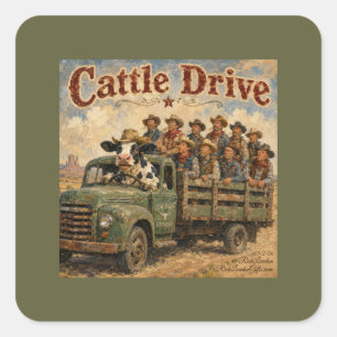 Cattle Drive Cartoon – Koe drijft cowboys Vierkante Sticker