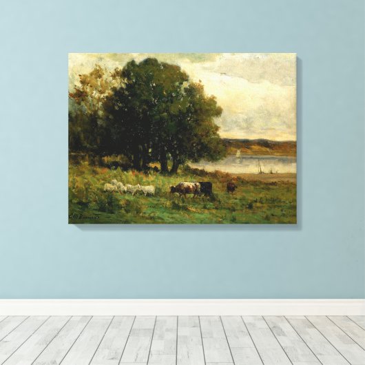 Cattle Near River - Edward Mitchell Banister Canvas Afdruk (Insitu (Houten vloer))