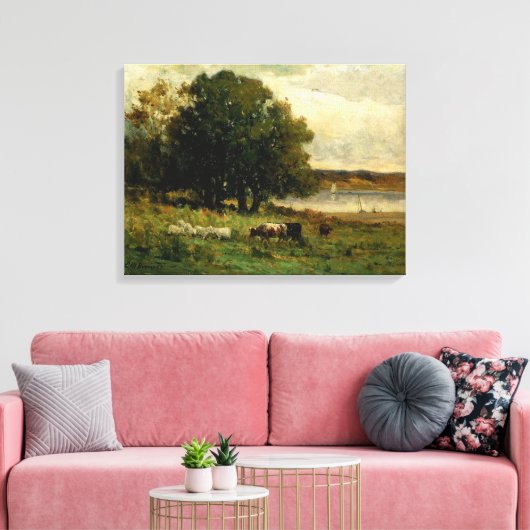 Cattle Near River - Edward Mitchell Banister Canvas Afdruk (Insitu (Woonkamer))