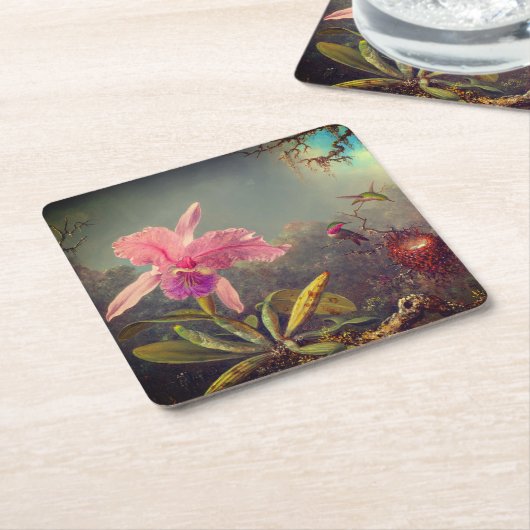 Cattleya Orchid en drie kolibries kop Kartonnen Onderzetters (Schuin)