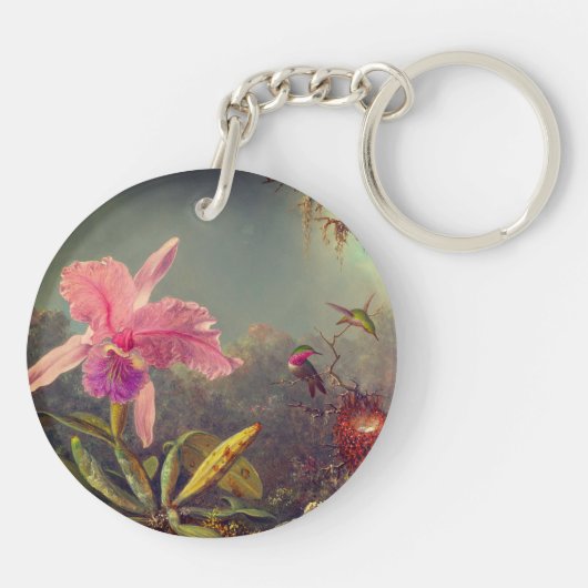 Cattleya Orchid en drie kolibries kop Sleutelhanger (Achterkant)