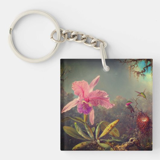 Cattleya Orchid en drie kolibries kop Sleutelhanger (Voorkant)