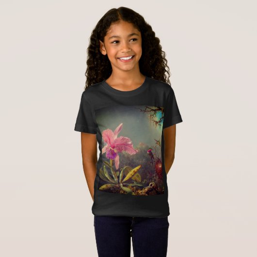 Cattleya Orchid en drie kolibries kop T-shirt (Voorkant volledig)