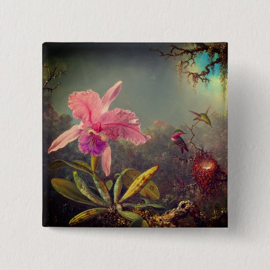 Cattleya Orchid en drie kolibries kop Vierkante Button 5,1 Cm (Voorkant)
