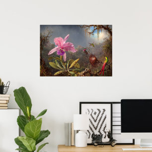 Cattleya Orchid en drie kolibries op kop Poster