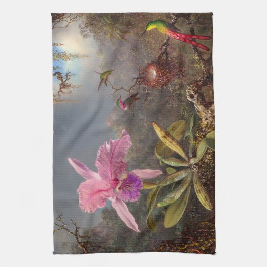 Cattleya Orchid en drie kolibries op kop Theedoek (Verticaal)