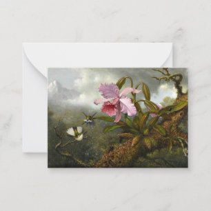 Cattleya-orchidee, twee kolibries en een kever notitiekaartje