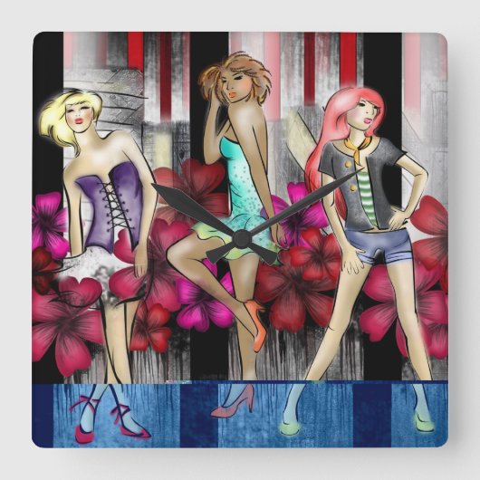 Catwalk Mode Tienage Girls Funky Modern Art Vierkante Klok (Voorkant)