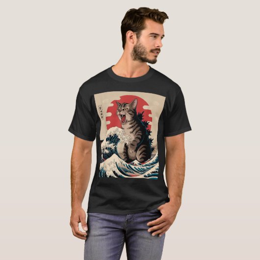 Catzilla Art Japanese Wave Cat Lovers T-shirt (Voorkant volledig)