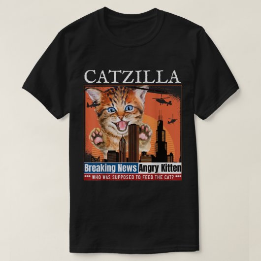Catzilla Breaking News Funny hongerige Kitten T-shirt (Design voorkant)